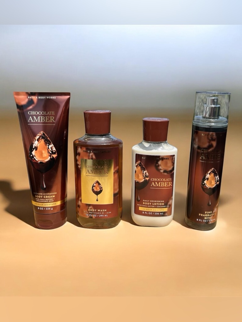 Bath & Body Works Chocolate Amber Wash, Lotion, Cream & Mist Set New!